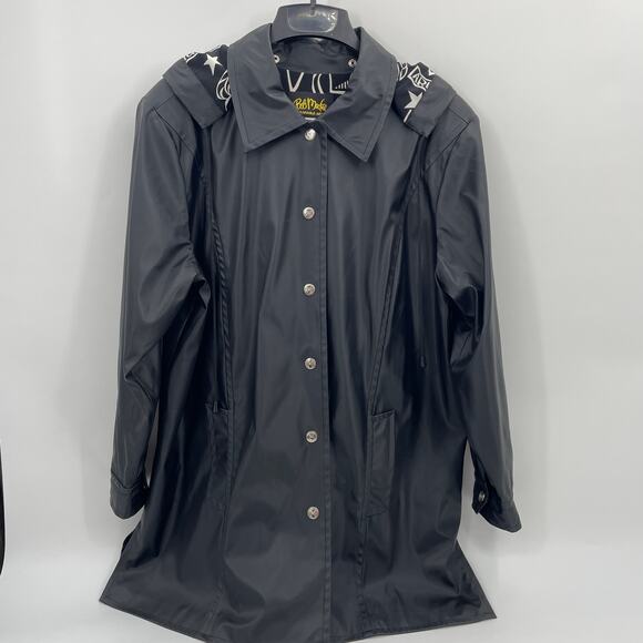 BOB MACKIE Rain Coat Womens Size 1X Black Zodiac Hood Snap Closure Goth Jacket - Picture 1 of 8
